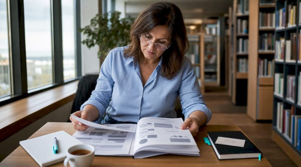 Un professionnel en train d’examiner des dossiers de certification en formation en ligne.