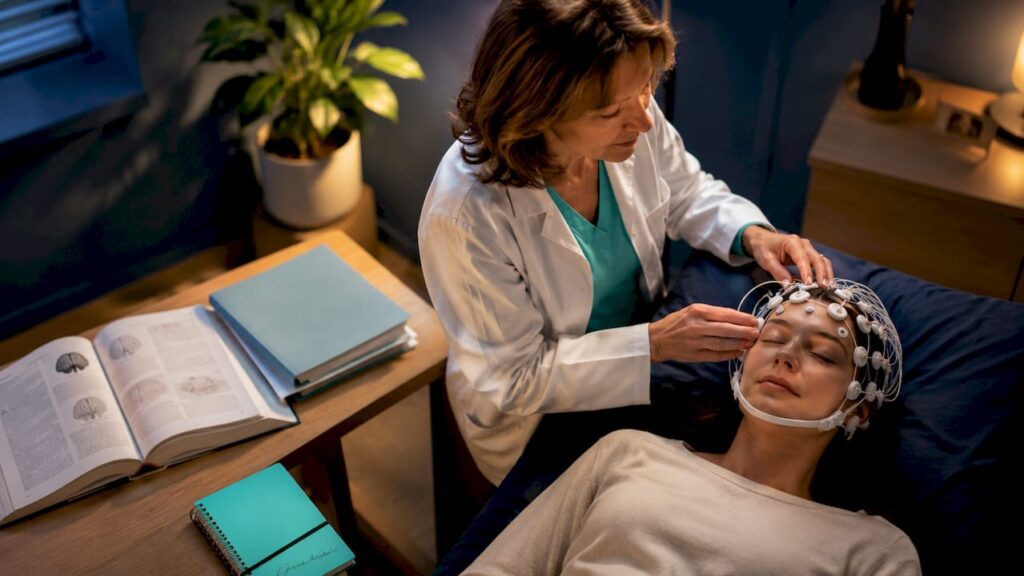 Un neurologue accompagne son patient avant une séance d’IRM fonctionnelle.