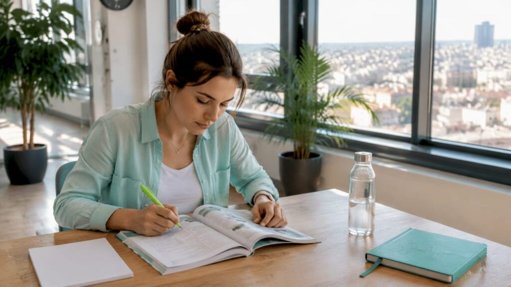 Une infirmière consulte des supports de formation rapide assise à une table.