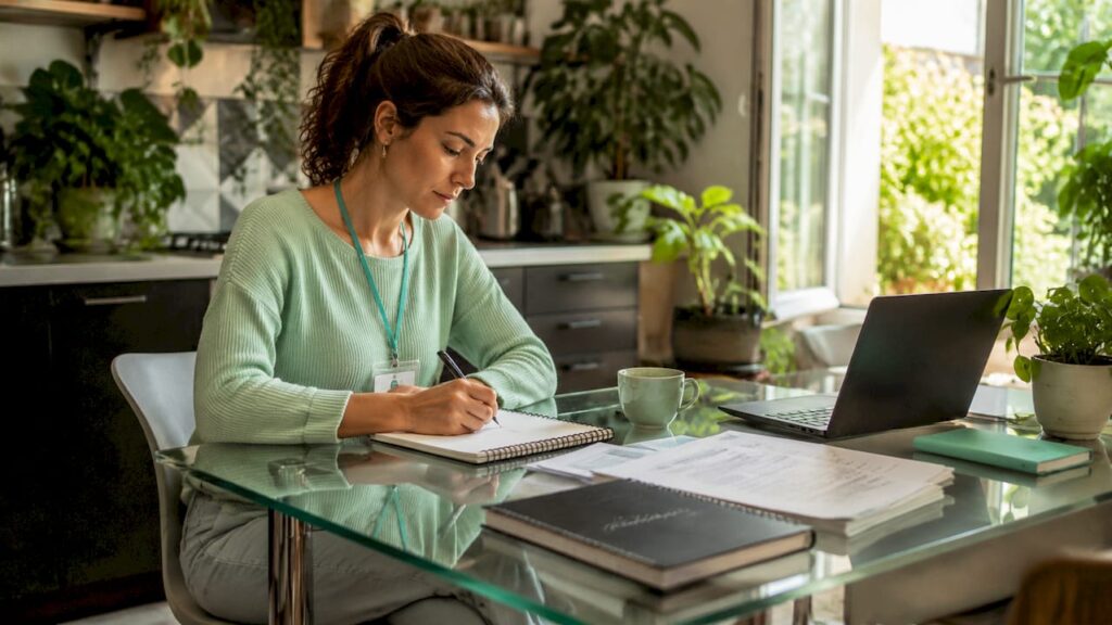 Aide-soignante suivant ses cours à distance depuis chez elle
