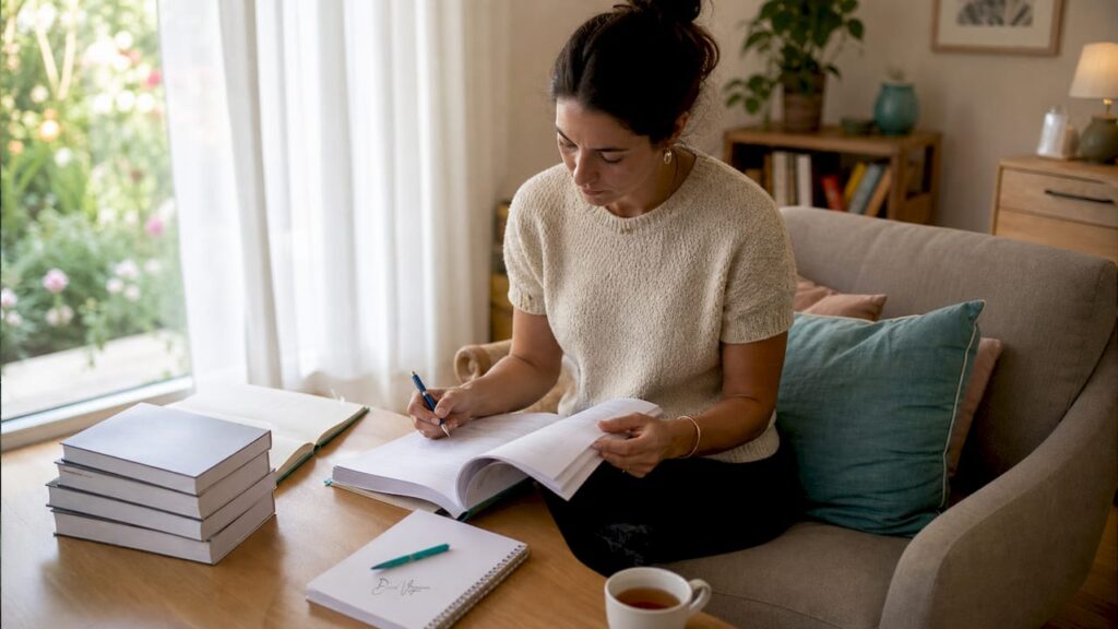 Installée dans son bureau à la maison, une thérapeute prend le temps de relire ses supports de formation pour rester à jour dans ses pratiques.
