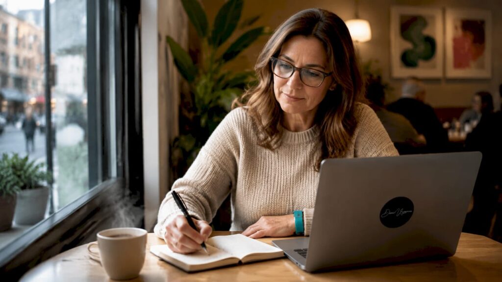 Une femme en pleine reconversion professionnelle qui profite d’une formation en ligne pour acquérir de nouvelles compétences.