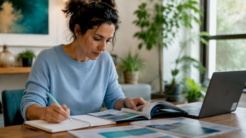 Une femme se plonge dans ses cours pour obtenir sa certification de thérapeute.