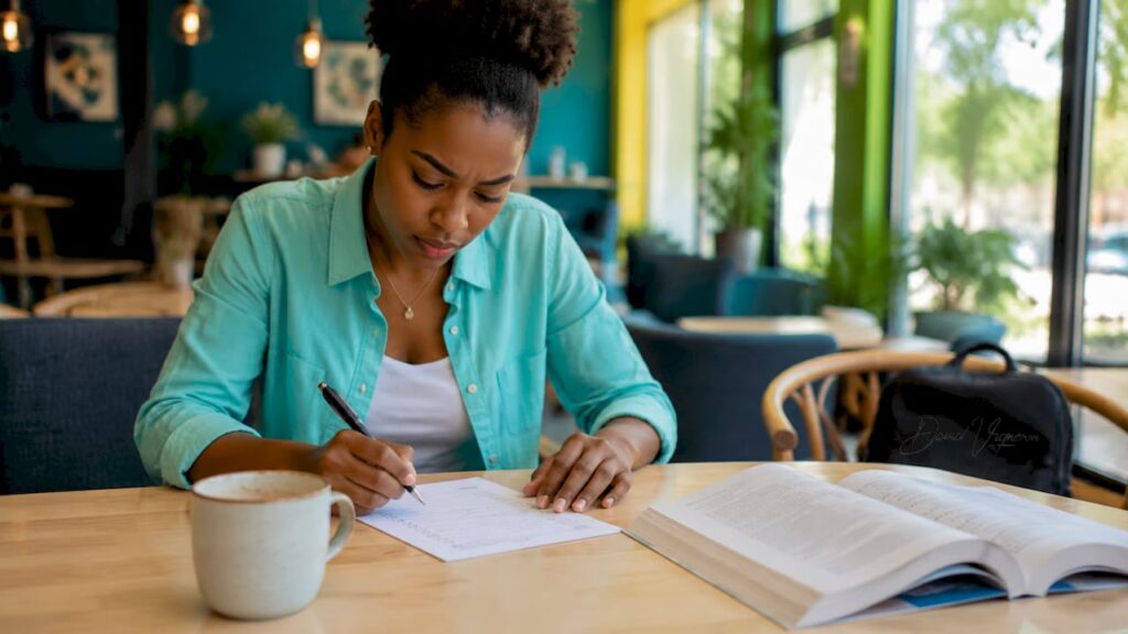 Une femme en train de répondre à un questionnaire dans le cadre de sa formation en thérapie.