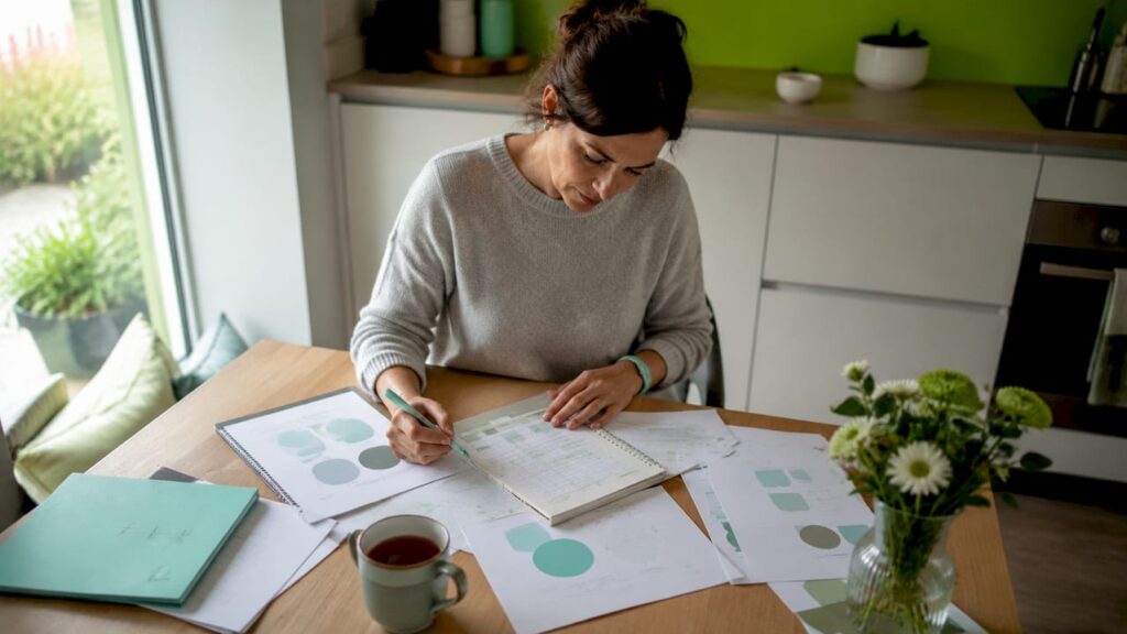 Une femme fait le point sur ses projets de reconversion professionnelle, assise à son bureau.