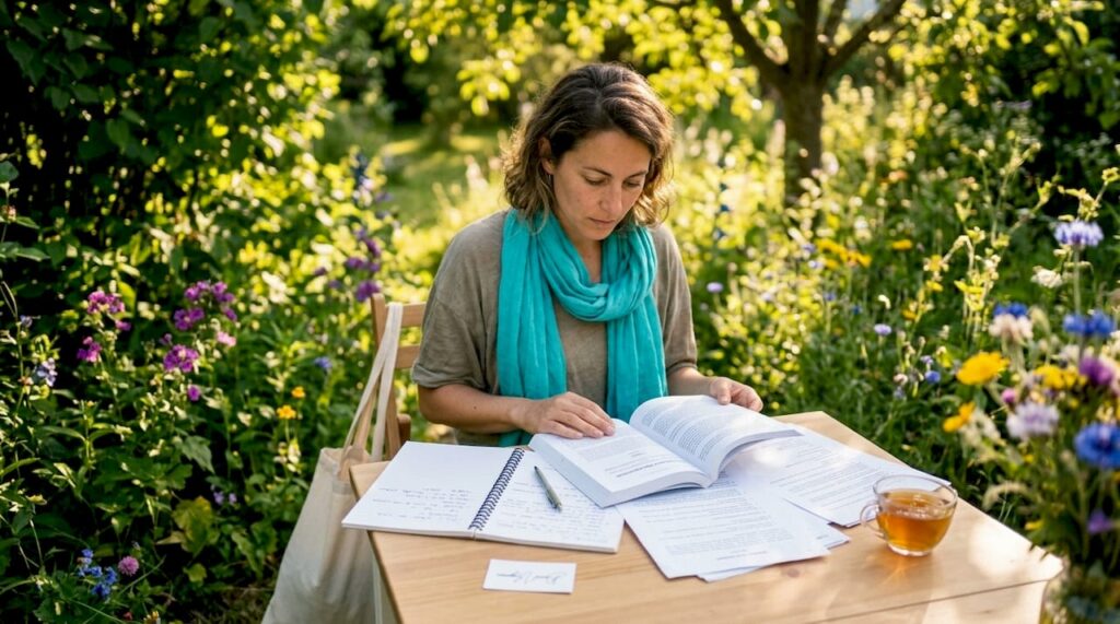 Une femme se forme à l’hypnose dans le cadre d’une reconversion professionnelle, depuis chez elle.