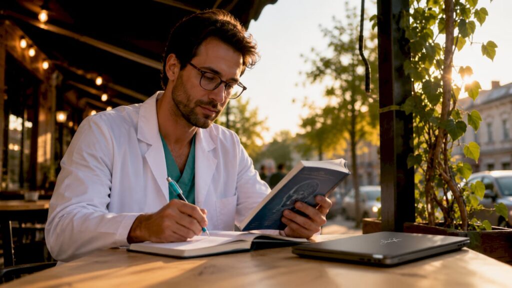 Un professionnel de santé prend des notes lors d'une formation dédiée à l'hypnose médicale.