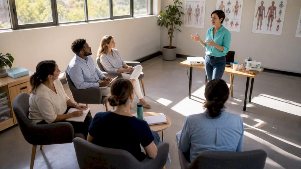 Un infirmier partage son expertise en animant des sessions de formation.