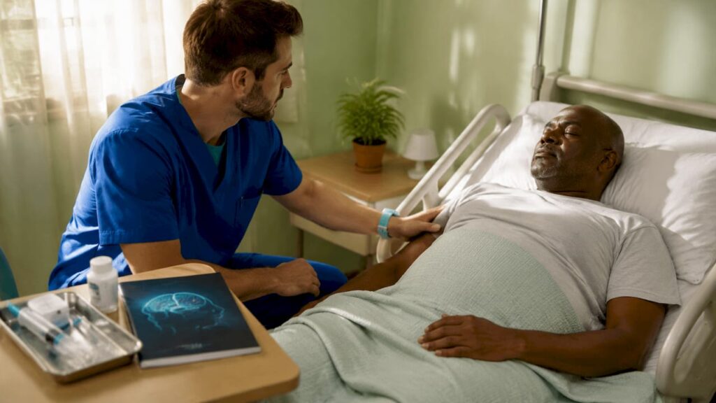 Un infirmier accompagne son patient en utilisant l’hypnoanalgésie, favorisant ainsi un climat de sérénité pendant le soin.