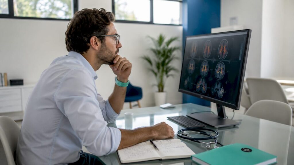 Neurologue spécialisé dans l’analyse des IRM au sein d’un cabinet médical