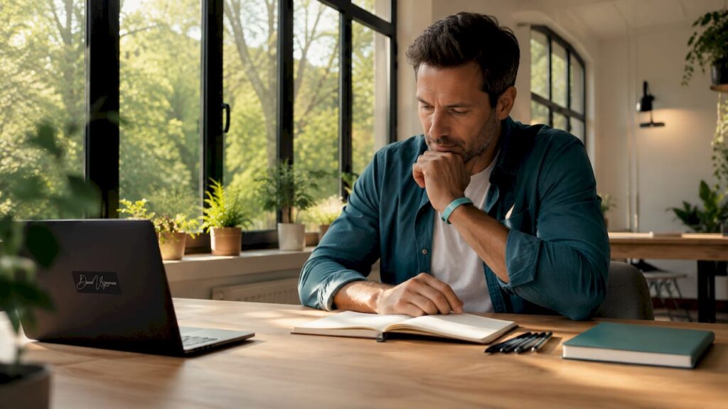 Un professionnel du bien-être, installé dans un cabinet chaleureux et apaisant, prend des notes lors d’une séance.