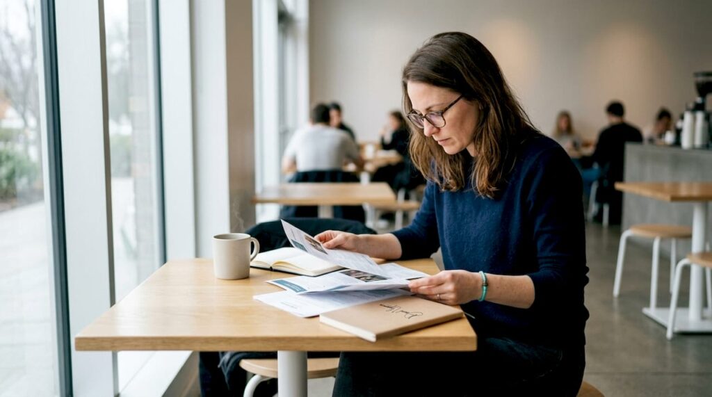 Assis à son bureau, une personne examine attentivement les différentes formations en thérapie pour choisir celle qui lui convient le mieux.