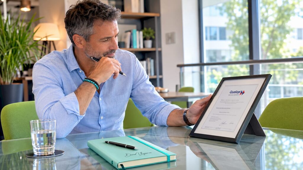 Un formateur passe en revue son dossier Qualiopi dans son bureau.