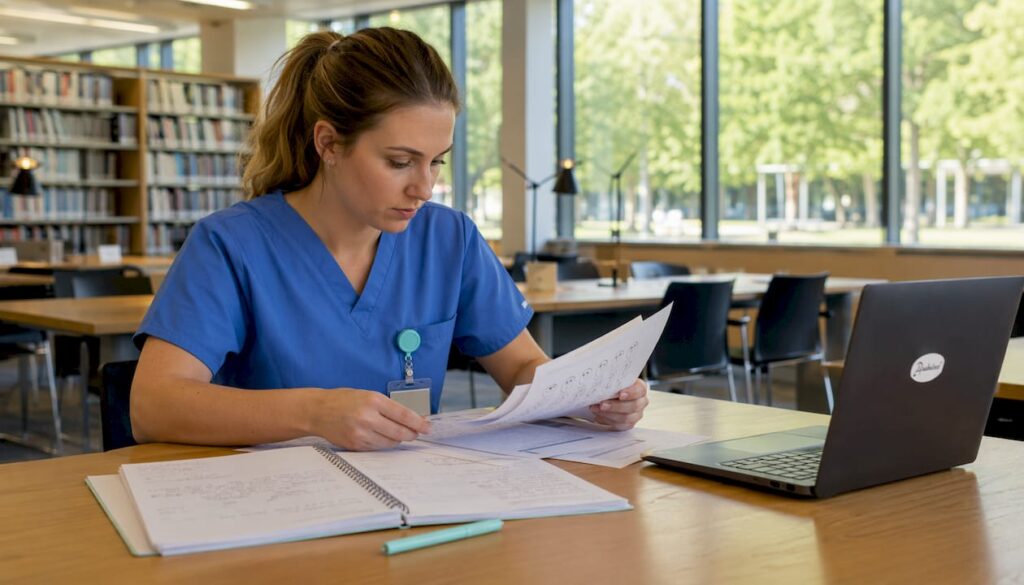 Une infirmière passe en revue les documents relatifs à l’évaluation de la douleur chez les patients.