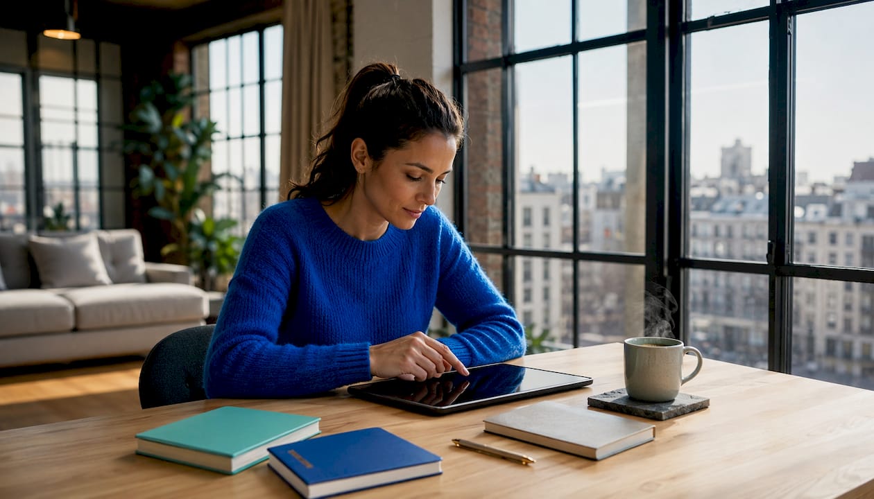 Une formatrice consulte sa tablette pendant une session de formation.