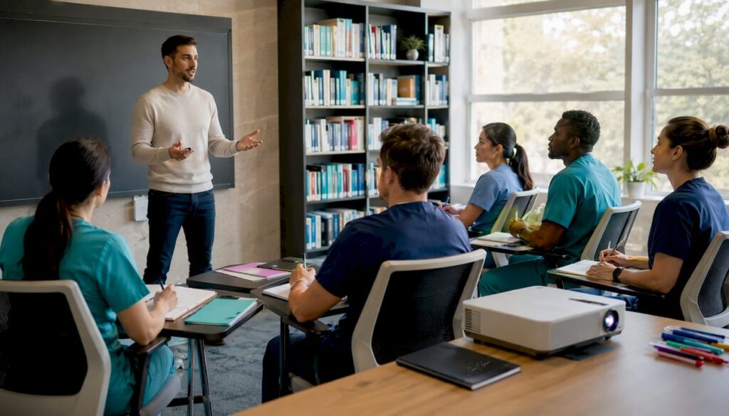Un intervenant en santé anime une session devant des professionnels soignants en formation.