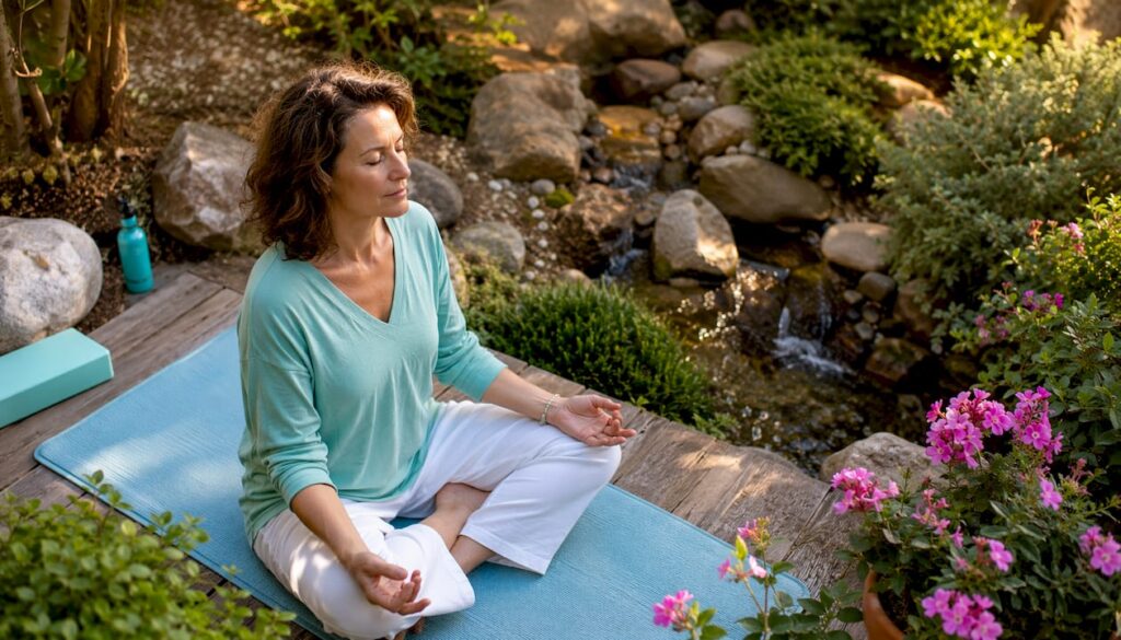 Femme en pleine séance de méditation lors d’un yoga thérapeutique
