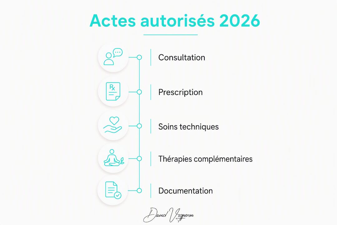 Découvrez, en un coup d’œil, le parcours détaillé des actes infirmiers autorisés à partir de 2026 grâce à notre infographie claire et complète.