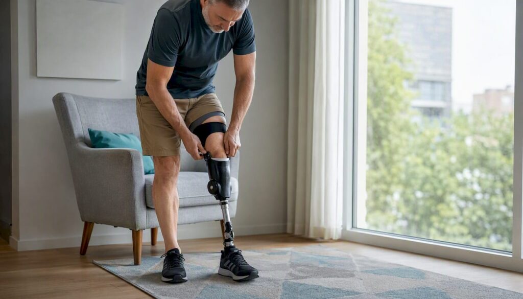 Une personne ajuste la sangle de sa jambe artificielle.