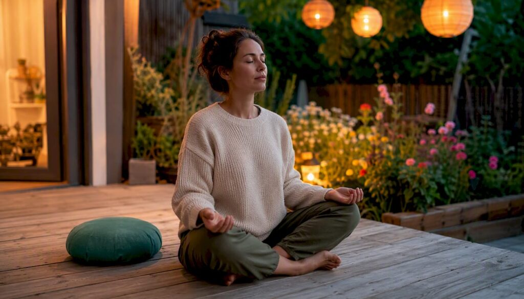 Une personne en pleine séance de méditation, concentrée sur l’exploration de son corps grâce à la méthode du scan corporel en PNL.
