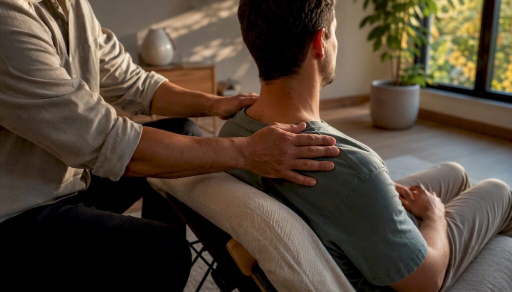 Les mains bienveillantes du thérapeute accompagnent le patient tout au long de la séance d’hypnothérapie en cabinet.