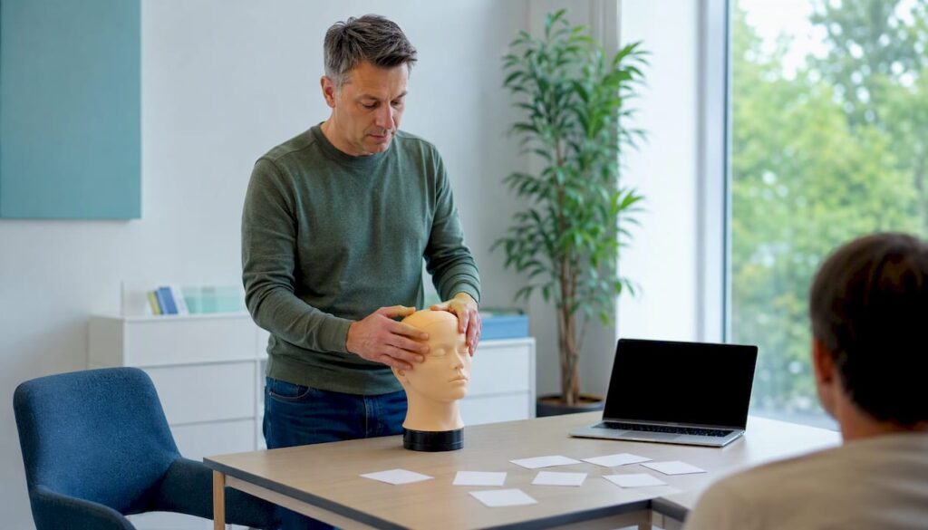 Une personne s’entraîne aux techniques de PNL sur un mannequin.