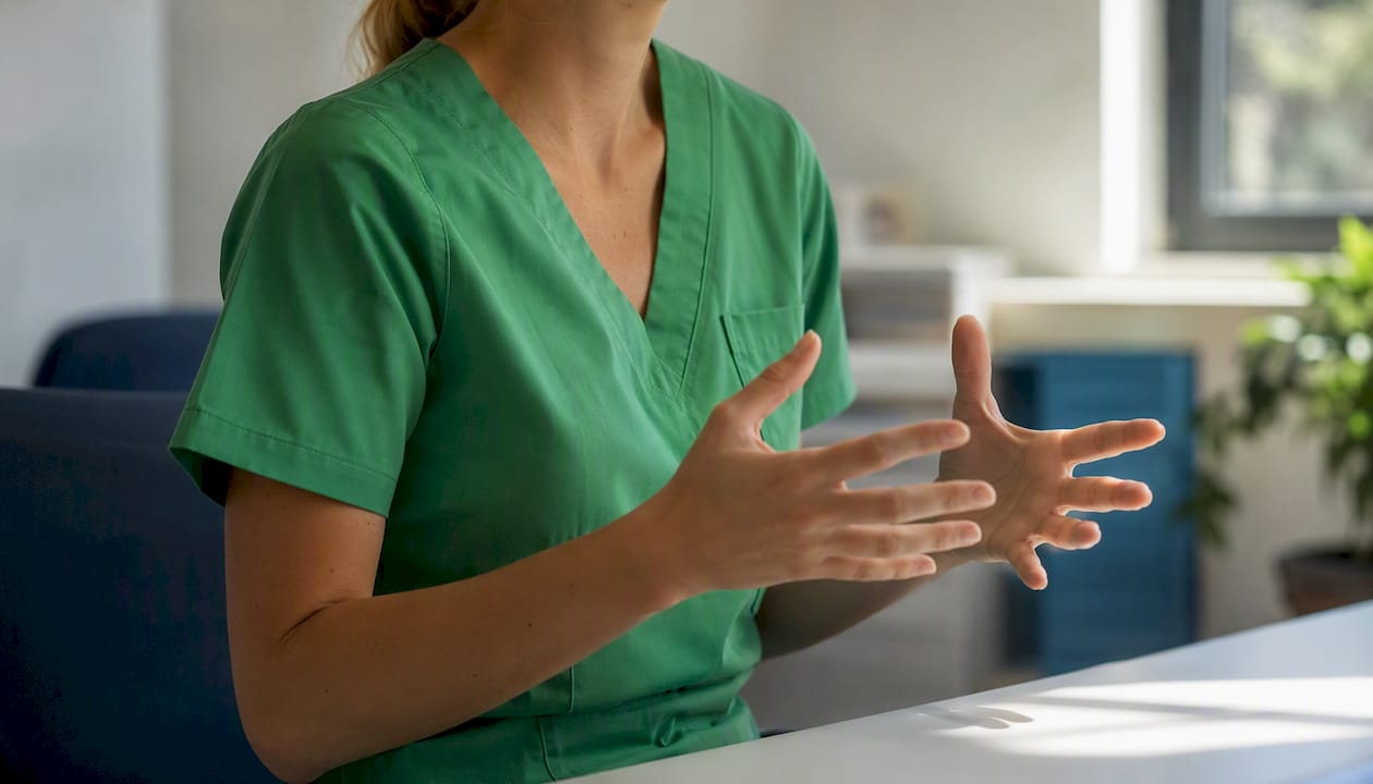 L’infirmière adopte une posture ouverte qui favorise une communication non verbale chaleureuse et rassurante.