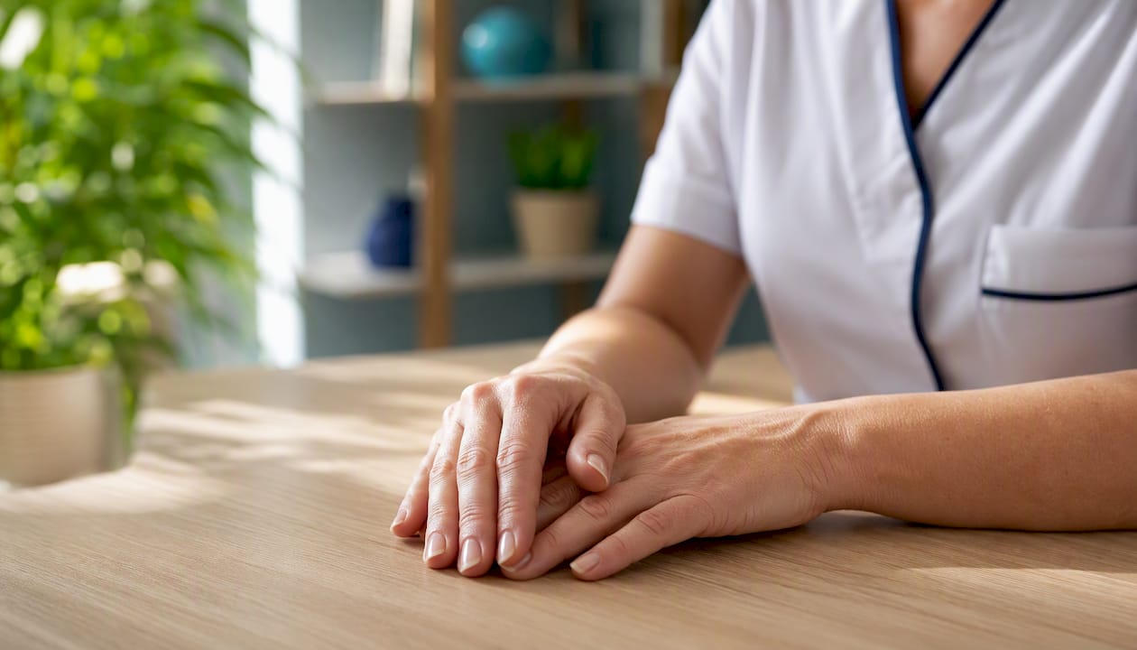 Les mains de l’infirmière posées calmement sur ses genoux pendant un silence plein de sens.