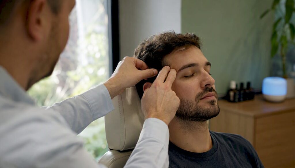 Des mains pratiquant la technique de l’EFT en tapotant doucement au niveau des tempes.
