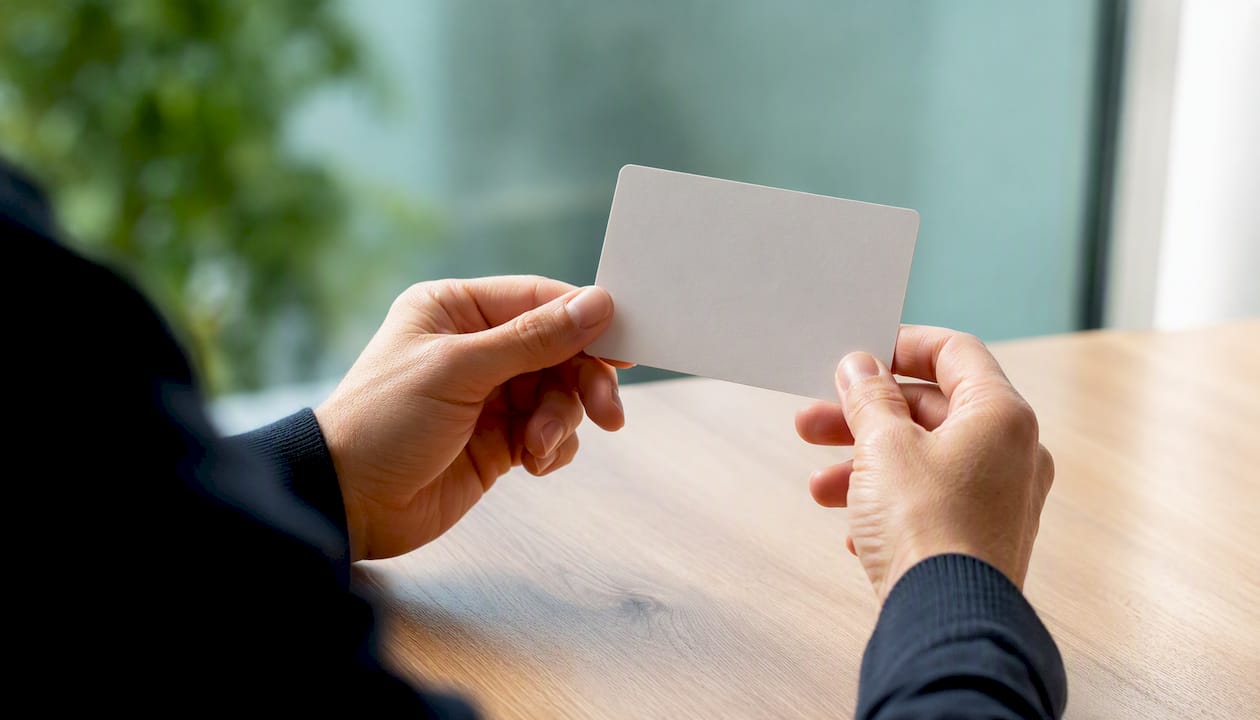 Des mains présentent une carte de certification vierge.