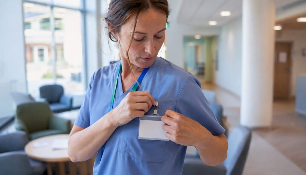 Une infirmière accroche son badge de coordinatrice avant de commencer sa journée.