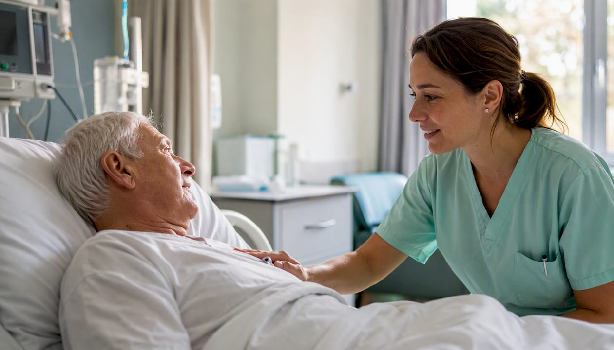 La main de l’infirmière posée avec douceur sur le bras du patient, en signe de réconfort.