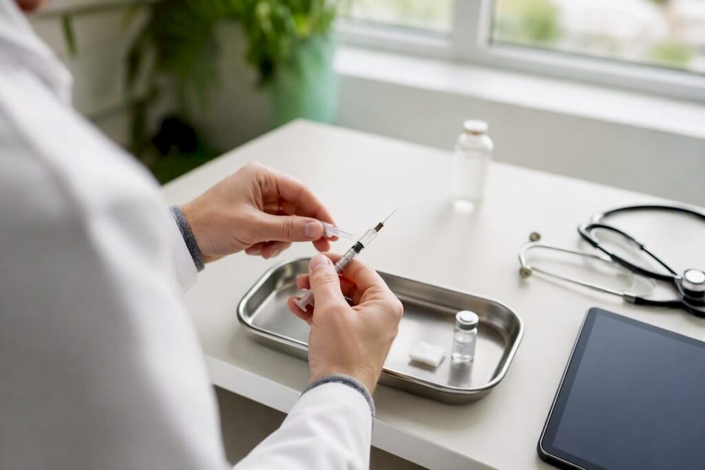 Des mains en train de préparer une dose de médicament opioïde
