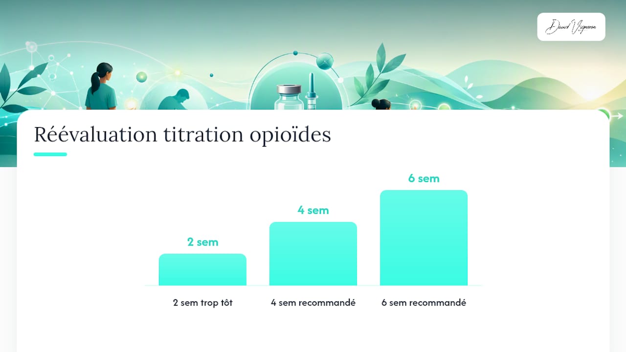 Schéma chronologique illustrant les étapes d’ajustement de la dose des opioïdes et les périodes d’évaluation.