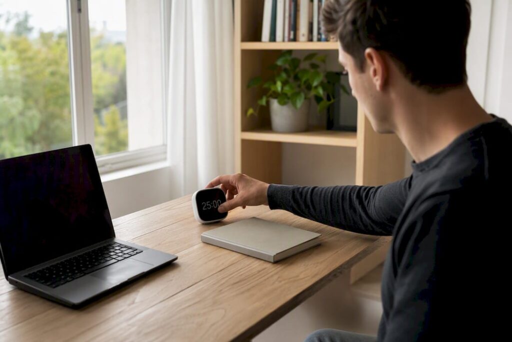 Des mains réglant un minuteur sur un bureau avec un ordinateur portable et un téléphone