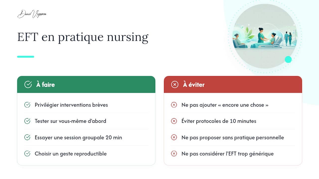 Ce que l'expérience de terrain révèle sur l'EFT en nursing — overview diagram