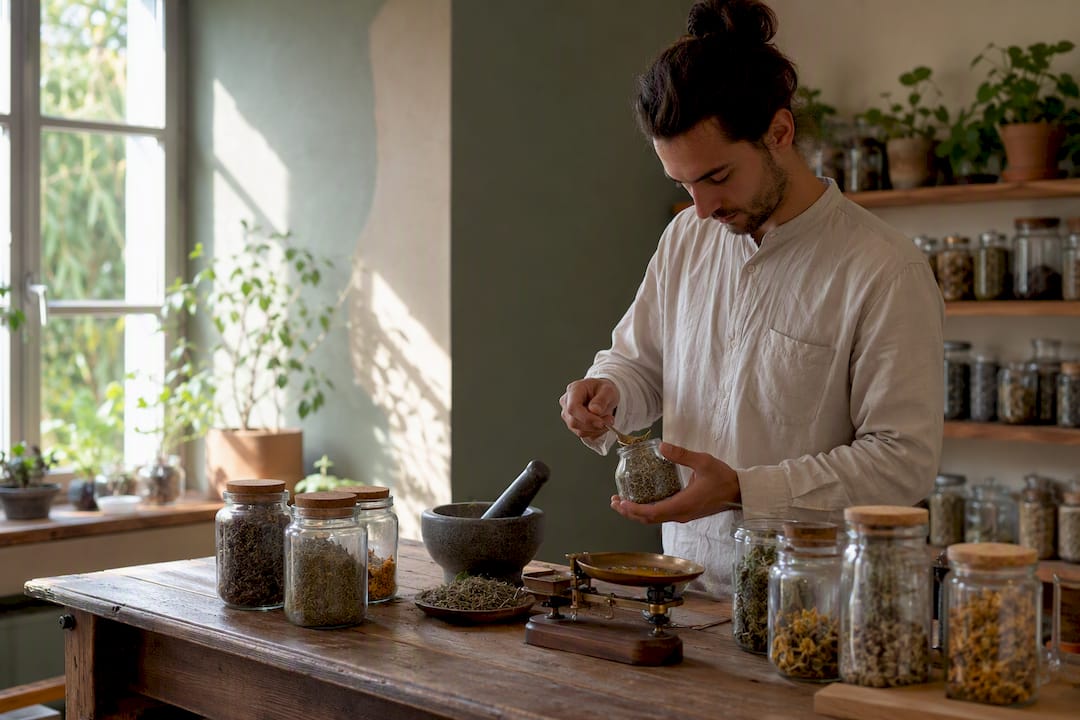 Mains mélangeant des herbes pour un bilan naturopathique