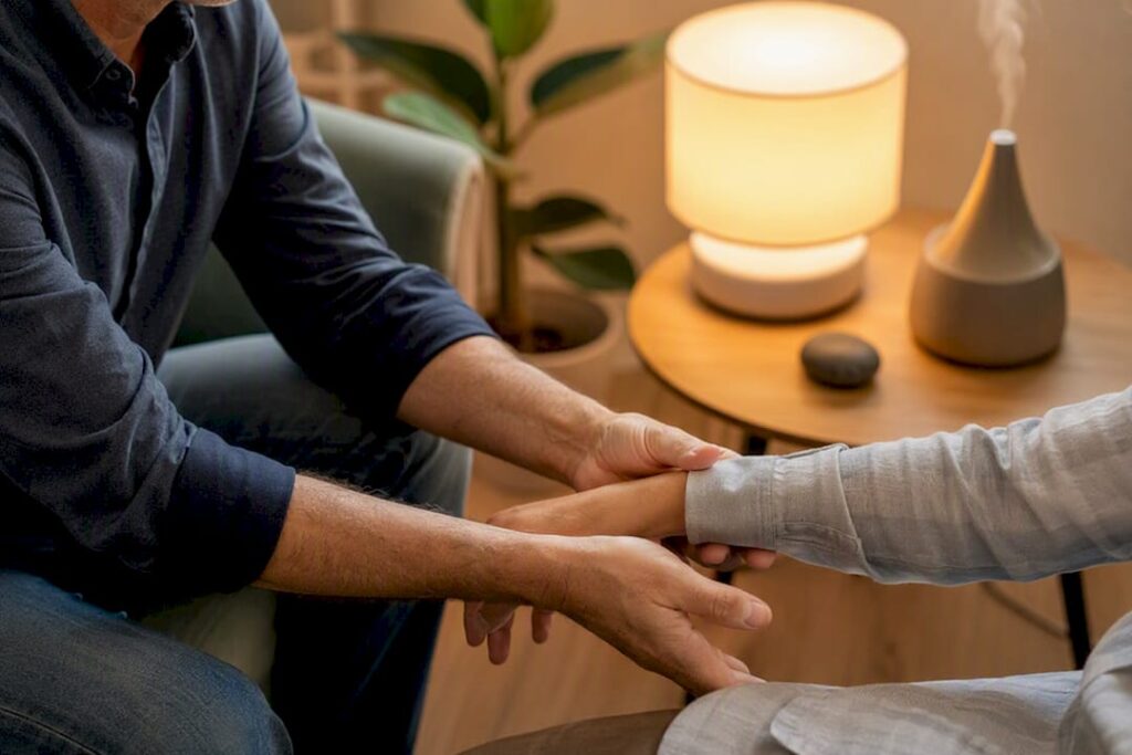 Des mains pratiquant une induction d'hypnose dans une salle de thérapie