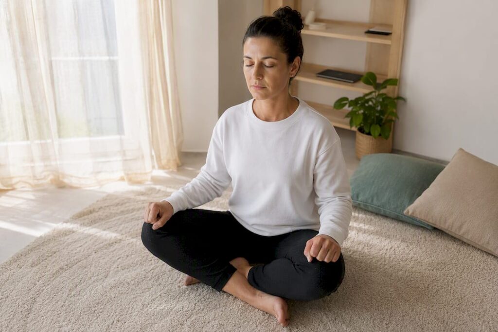 Personne pratiquant la relaxation musculaire en position assise