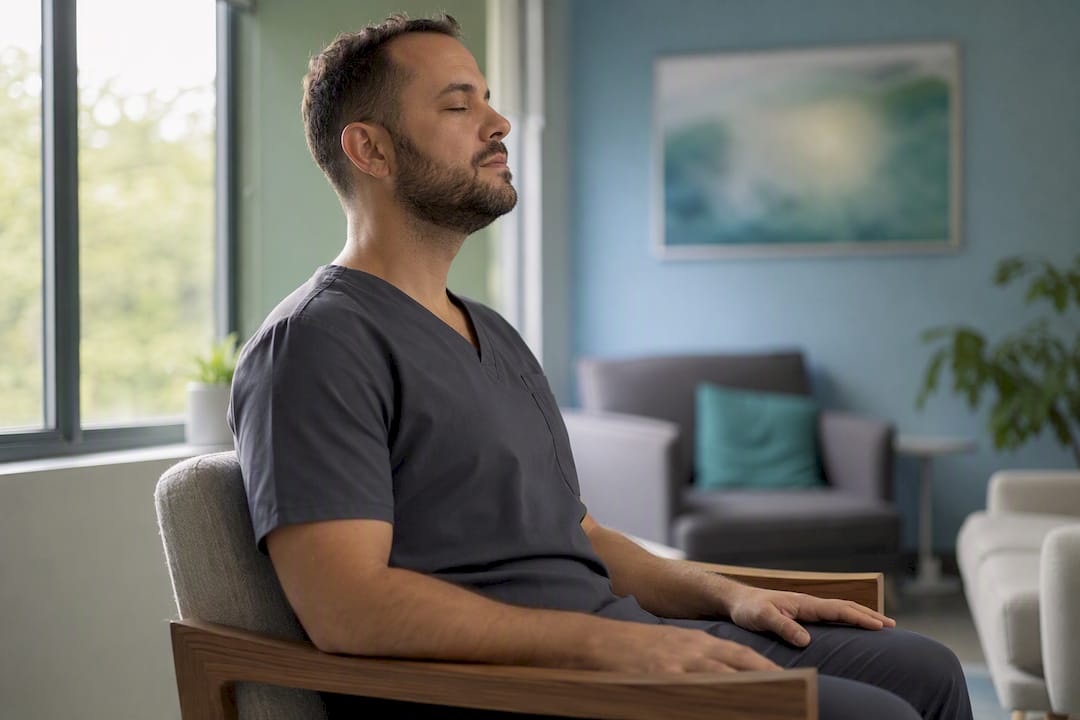 Professionnel pratiquant une respiration lente et relaxante au bureau