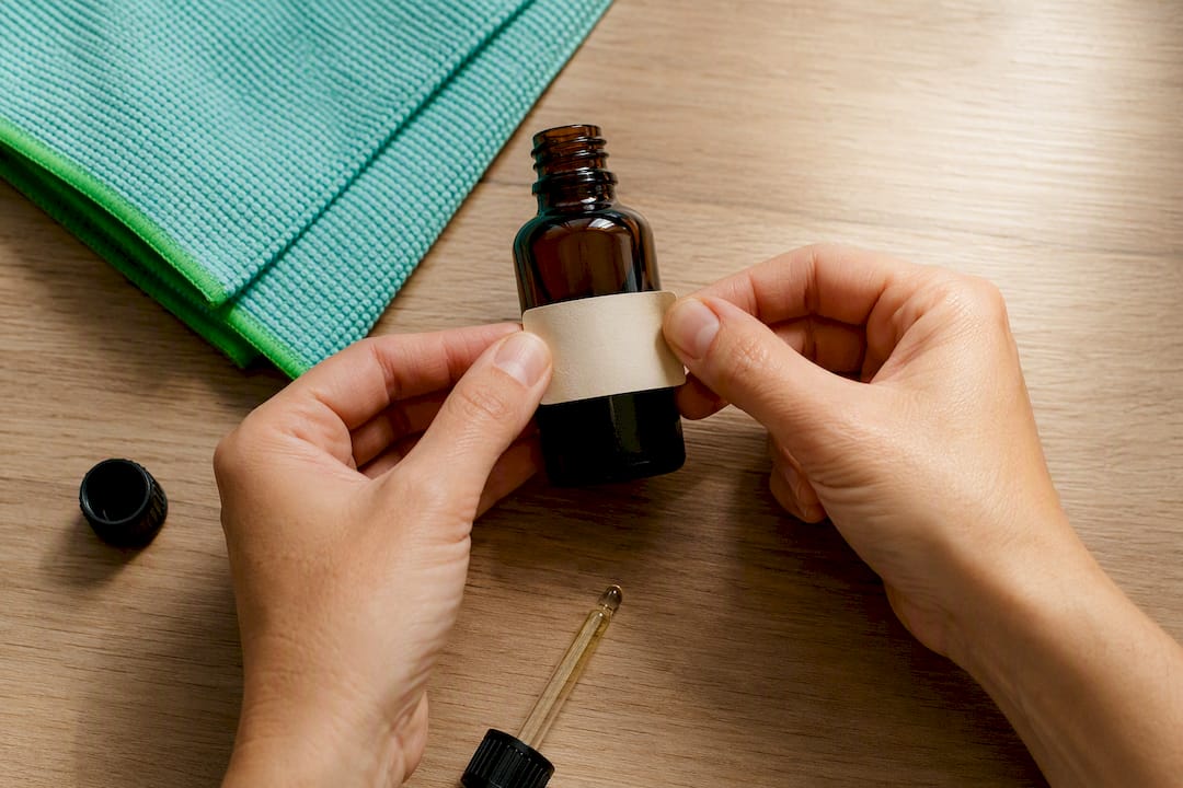 Étiquette collée sur un flacon d’huile essentielle