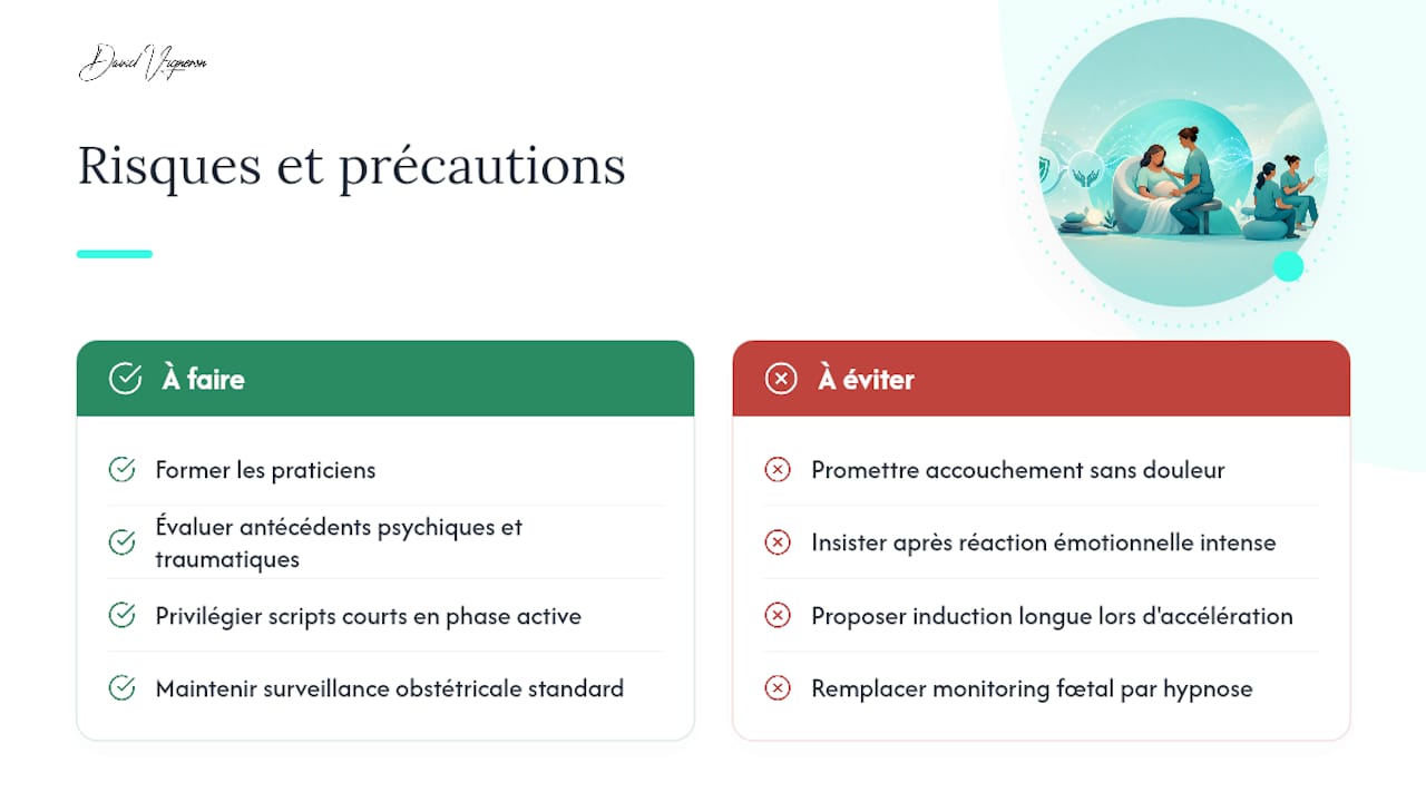 Quels sont les risques et précautions propres à l'hypnose en obstétrique ? — overview diagram
