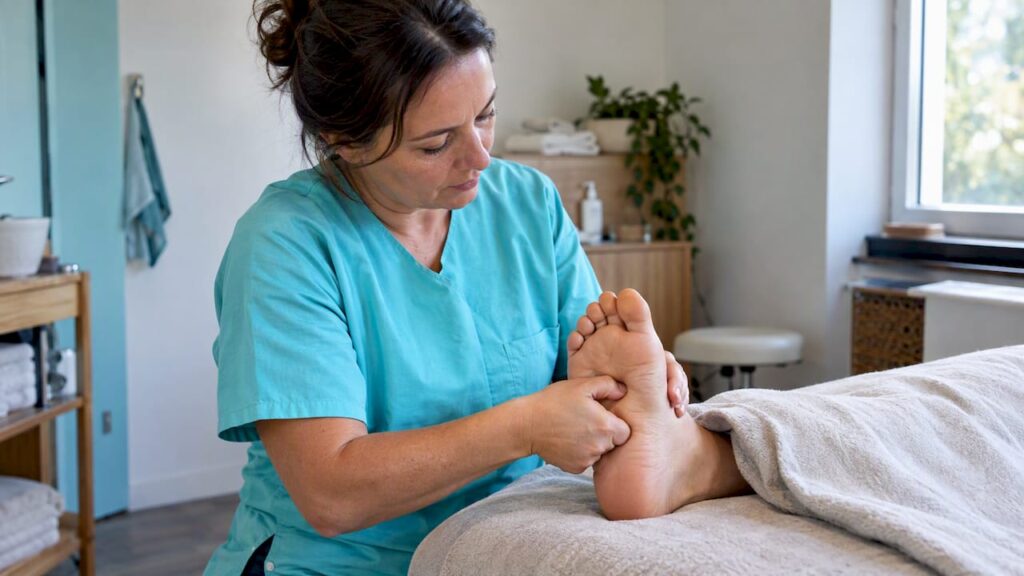Un réflexologue qui exerce une pression sur un pied
