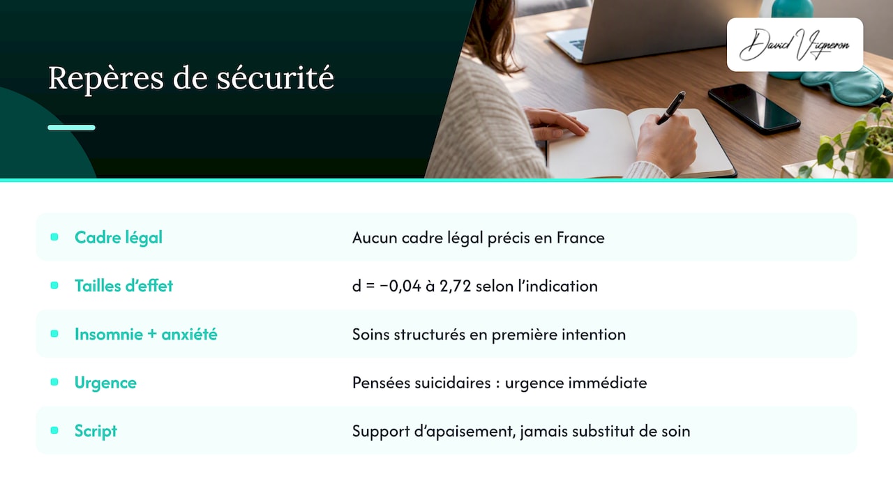 Sécurité, données disponibles et quand orienter vers un professionnel — overview diagram