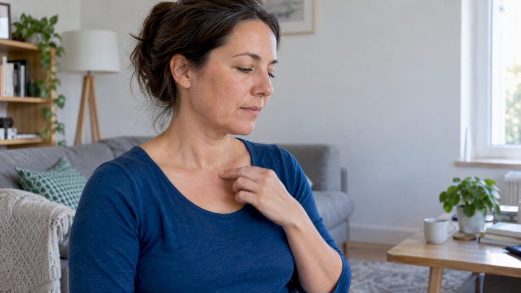 Femme tapotant sa clavicule lors d'un exercice d'EFT