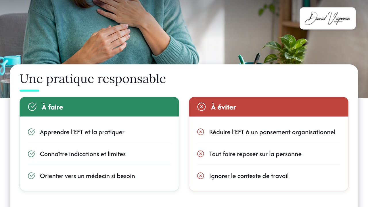 Notre point de vue : l'EFT comme outil de soignant, dans un cadre — overview diagram