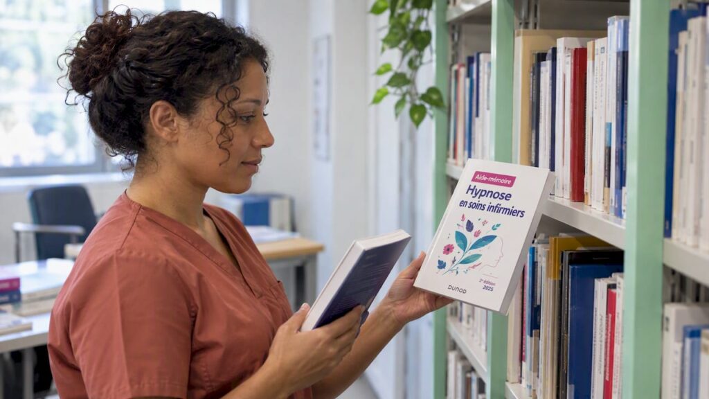 Une infirmière qui compare des livres d'hypnose